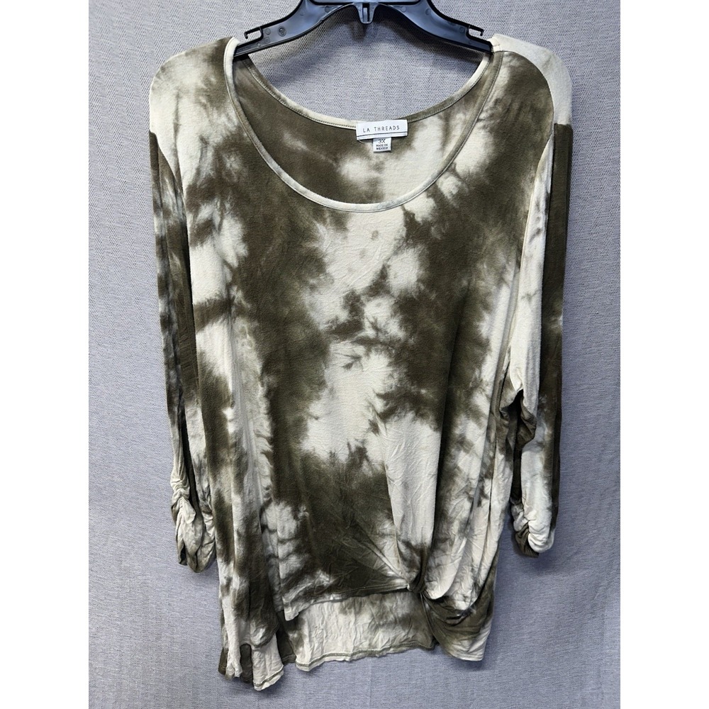 LA Threads Womens 3X Tie Dye Long Sleeve Top Ruched Sleeves Knot Hem Olive Green